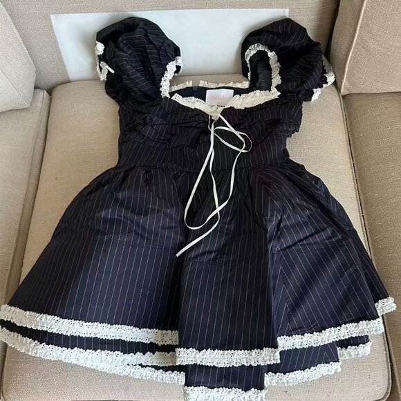 Selkie The Pinstripe Bonny Mini Dress Large Black White Lace Holiday - Picture 9 of 16